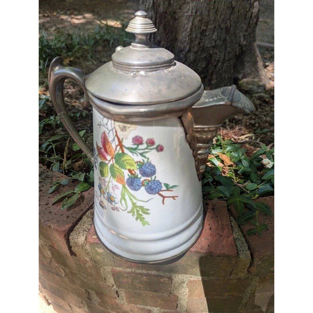 Antique Manning Bowman Blackberry Enamel Pewter Graniteware Coffee Pot 19th C